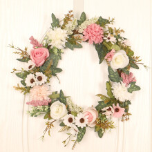 Guirlanda de flores artificiais para o Dia das Mães, guirlanda de rattan verde para porta de entrada com laço grande, decoração de feriado e