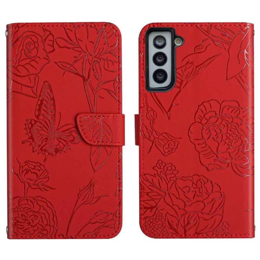 Case For Compatible With Samsung Galaxy S21 Fe, Wrist Strap, Anti-Drop Pu Leather Flip Cover, Shockproof Flower Butterfly Design 9773935418882
