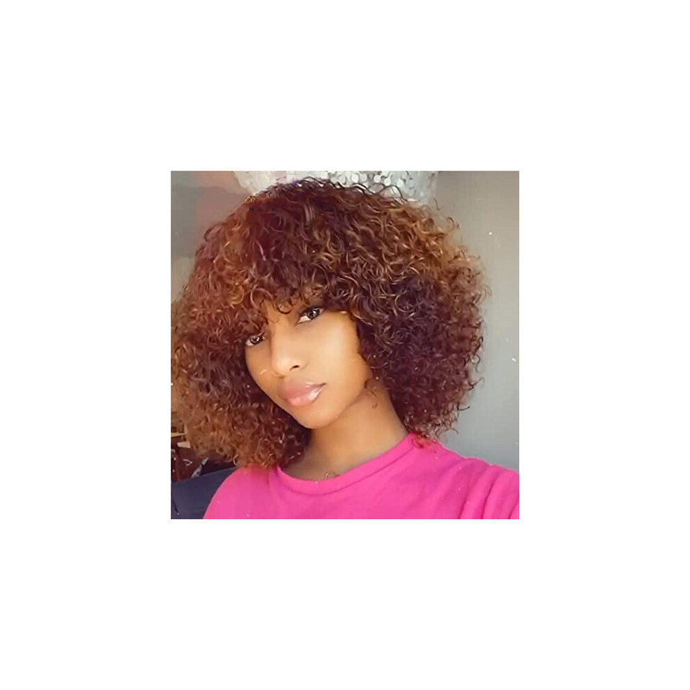 Unisex Black 10 Inch Honey Blonde Ombre Curly Short Pixie Bob Human Hair Wig With Bangs For Women Non Lace Front