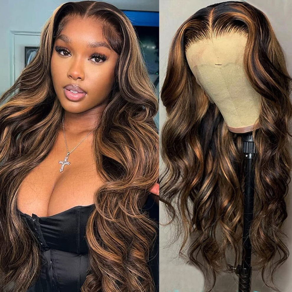 Unisex Black 26 Inch Body Wave Human Hair Lace Front Wig Ombre Balayage Honey Blonde Highlights Pre Plucked Virgin Hair 150% Density