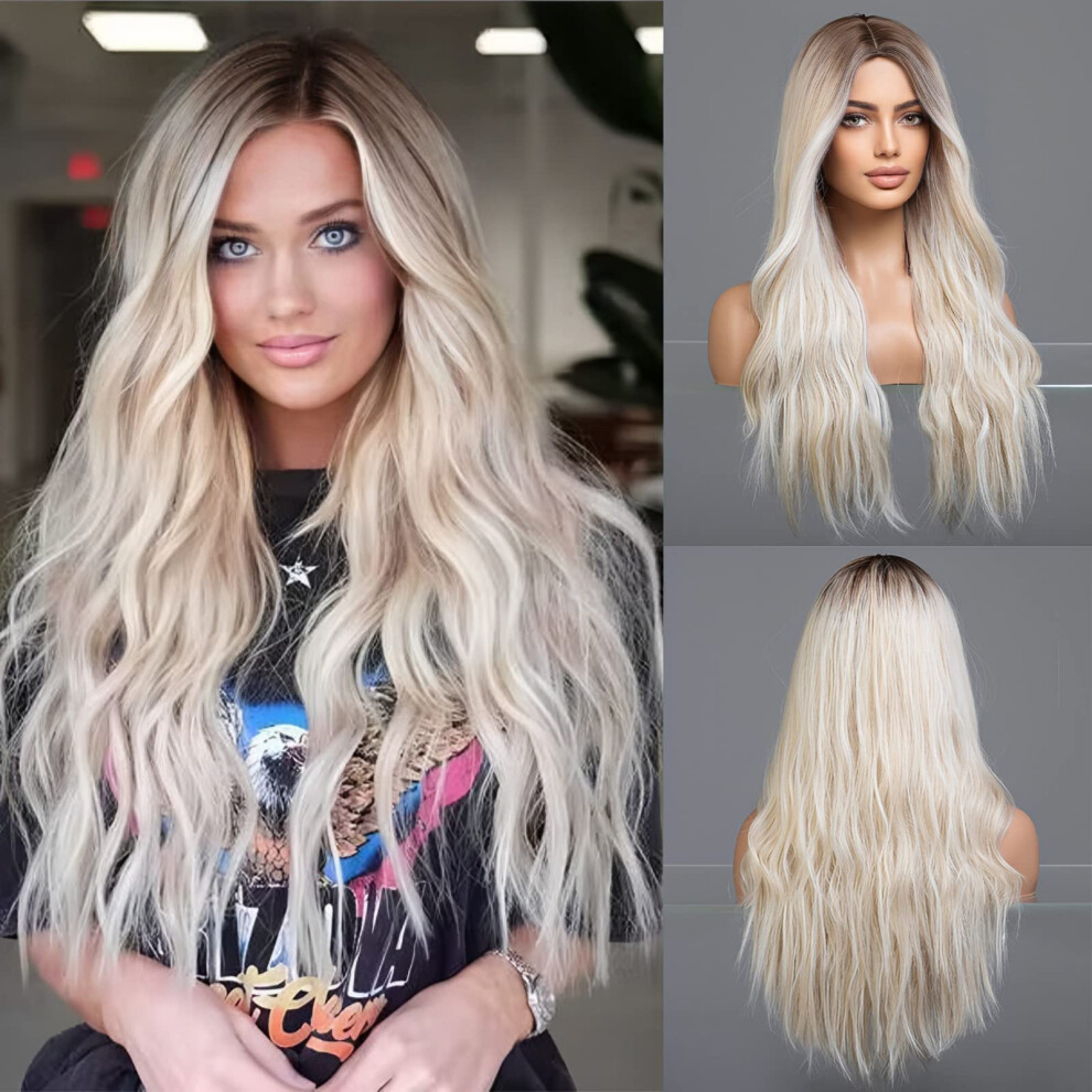 Unisex Dark Long Blonde Curly Wig With Roots, Middle Part Synthetic Hair For Women, Natural Look