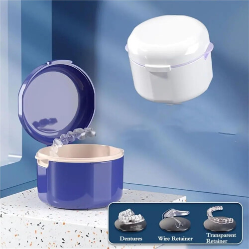 Denture Cleaning Case with Strainer, Retainer Storage Box, Double Layer Soaking Container Purple 2