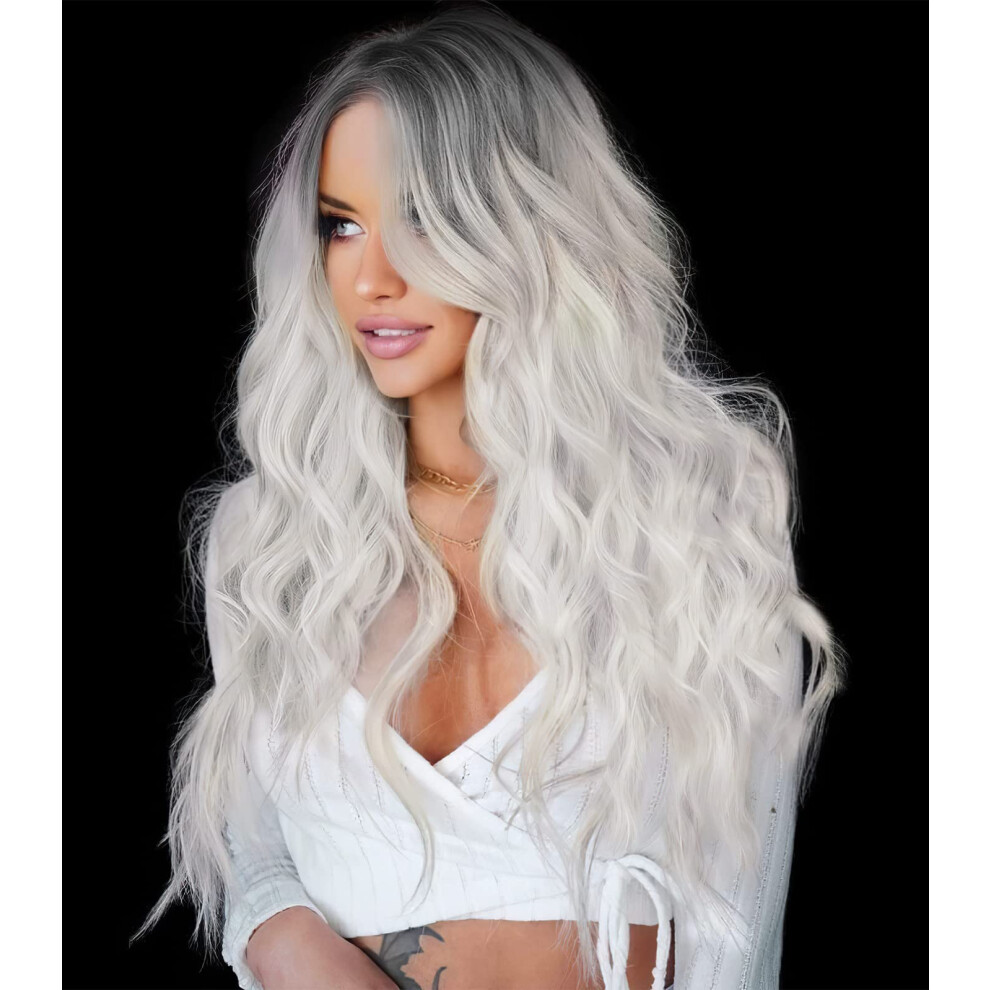 Unisex White 26 Inch Long Wavy Ombre Wig For Women Heat Resistant Synthetic Fiber Middle Part Natural Look