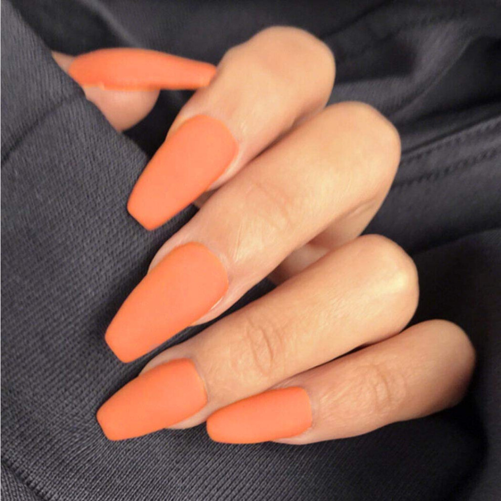 Orange Coffin Matte Press On Nails Set Ballerina Fake Nails, 24Pcs, Reusable, Salonready Look