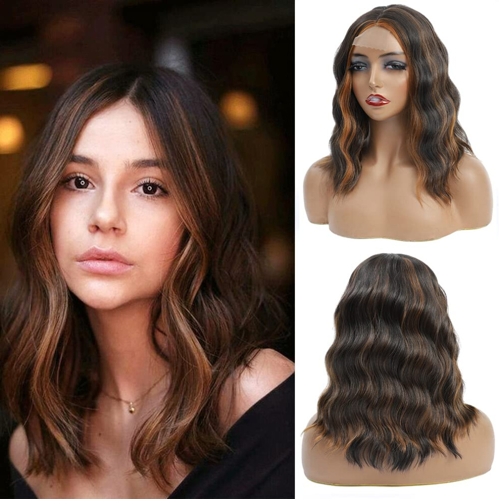 Unisex Red,Brown Short Wavy Bob Wig For Women 14 Inch Dark Brown Auburn Synthetic Shoulder Length With Middle Part