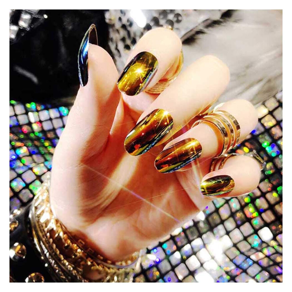 Gold Coffin Press On Nails 24Pcs Long Glossy Acrylic False Nails With Mirror Reflection Finish