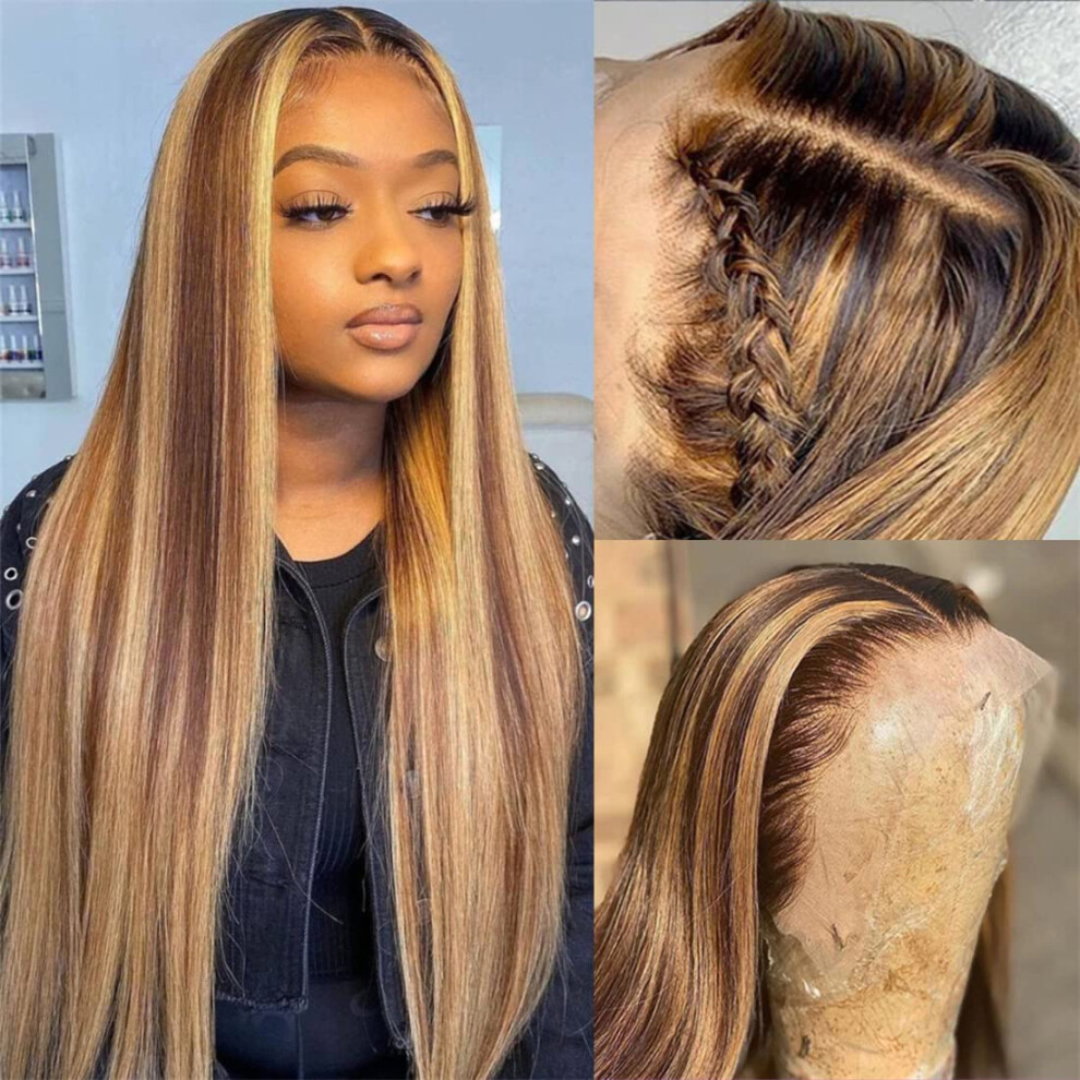 HD Lace Front Wig Human Hair 13x6 Ombre Highlight 4/27 Brazilian Straight 180% Density Natural Hairline