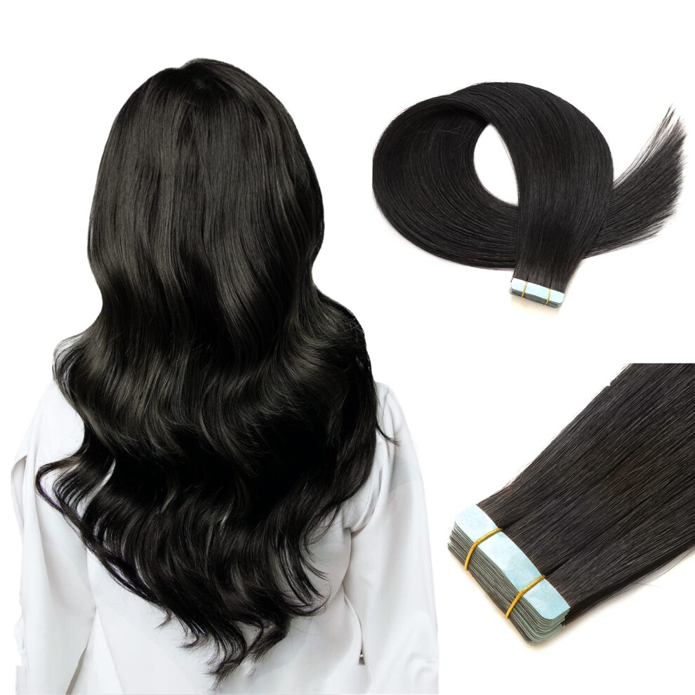 Unisex Black Tape In Human Hair Extensions 20 Inch Jet Seamless Skin Weft 100% Real Hair 20Pcs 50G