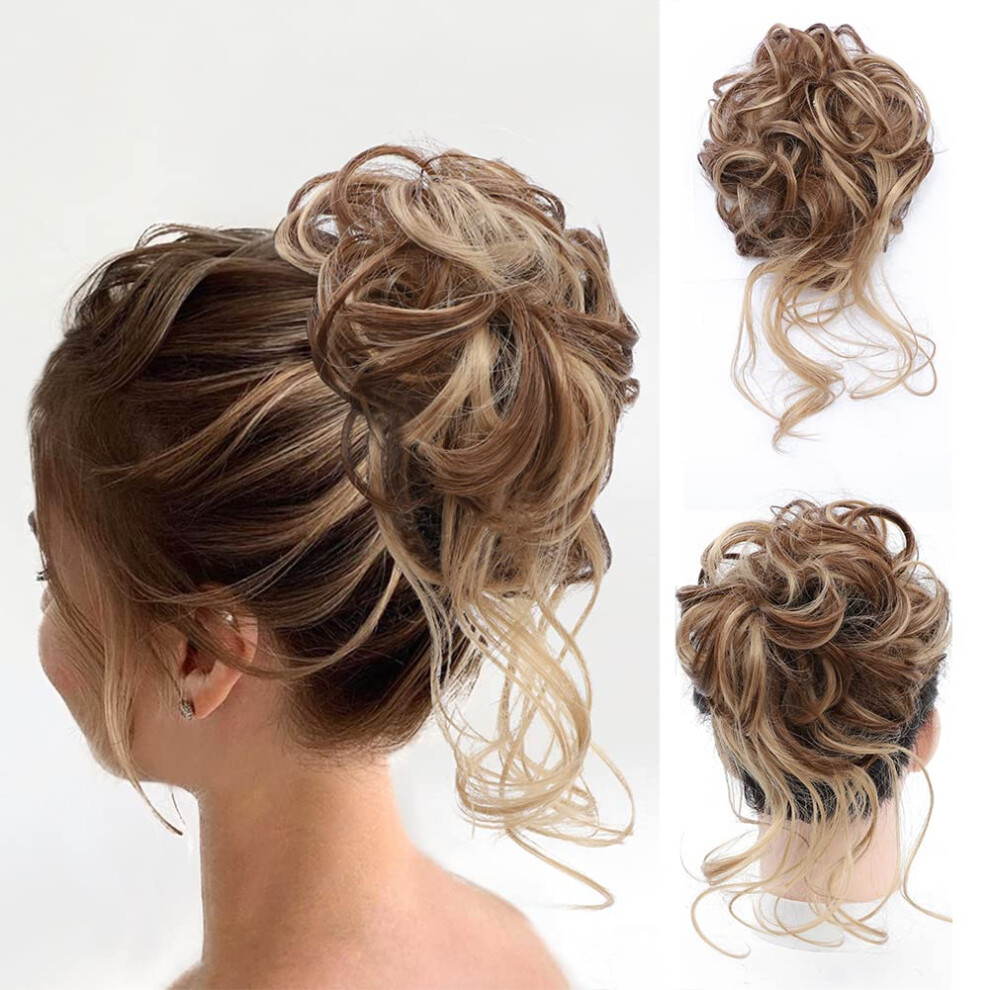 Unisex Brown Messy Bun Hair Piece Extension With Elastic Band, Curly Wavy Mix Ash Blonde For Women