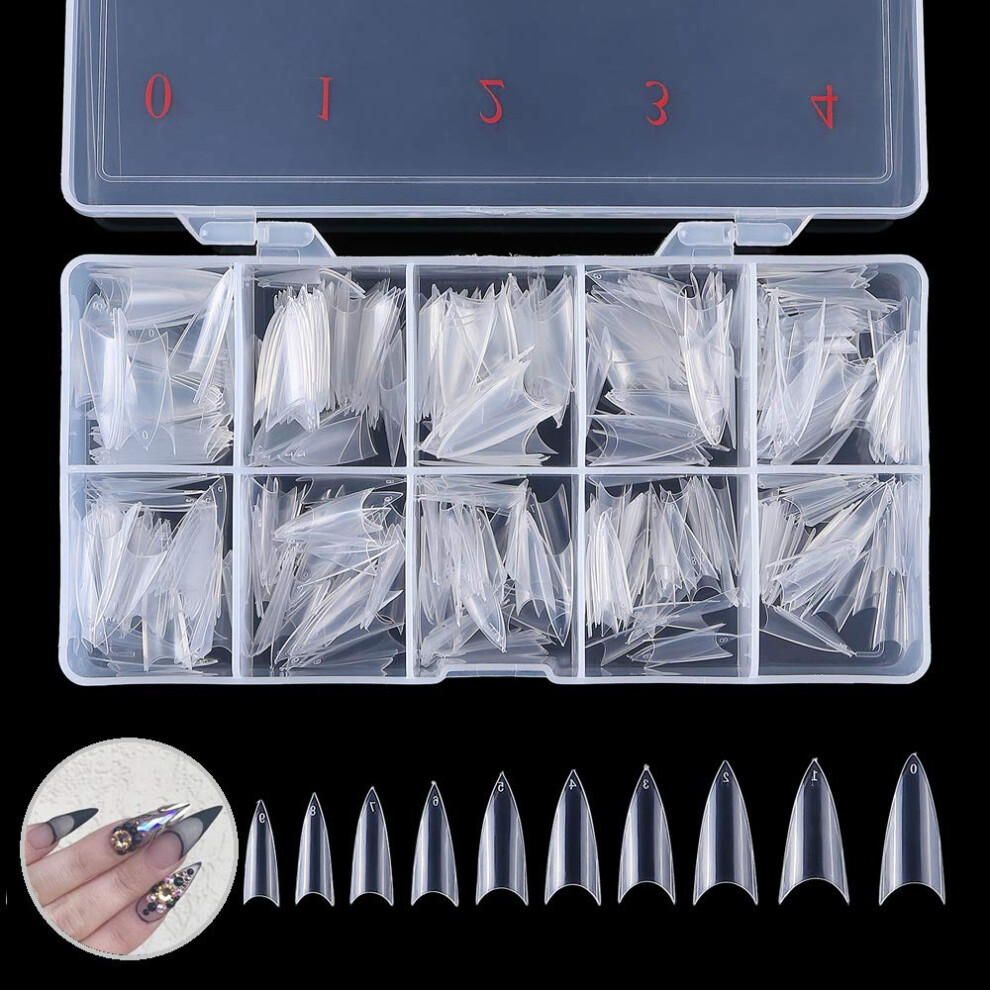 500pcs Clear Acrylic Stiletto Nail Tips Full Cover 10 Sizes Numbered Box for Nail Art