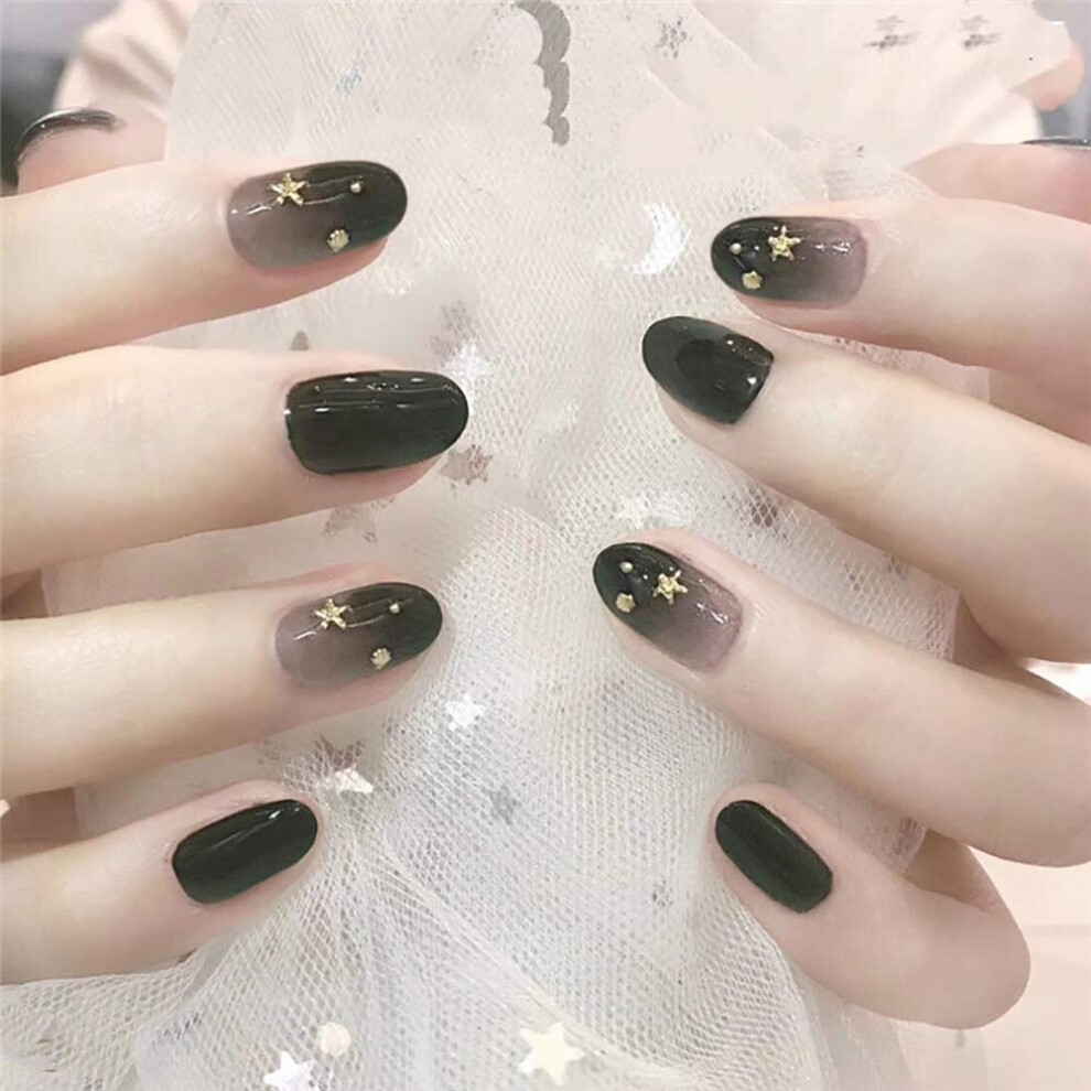 24Pcs Glossy Ballerina Coffin False Nails Moon Star Design Short Medium Acrylic Tips with Adhesive Tabs