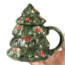 15oz Christmas Tree Mug with Lid - Cute Ceramic Xmas Coffee Cup, Festive Winter Holiday Drinkware, Tabletop Gift for Adults & Kids