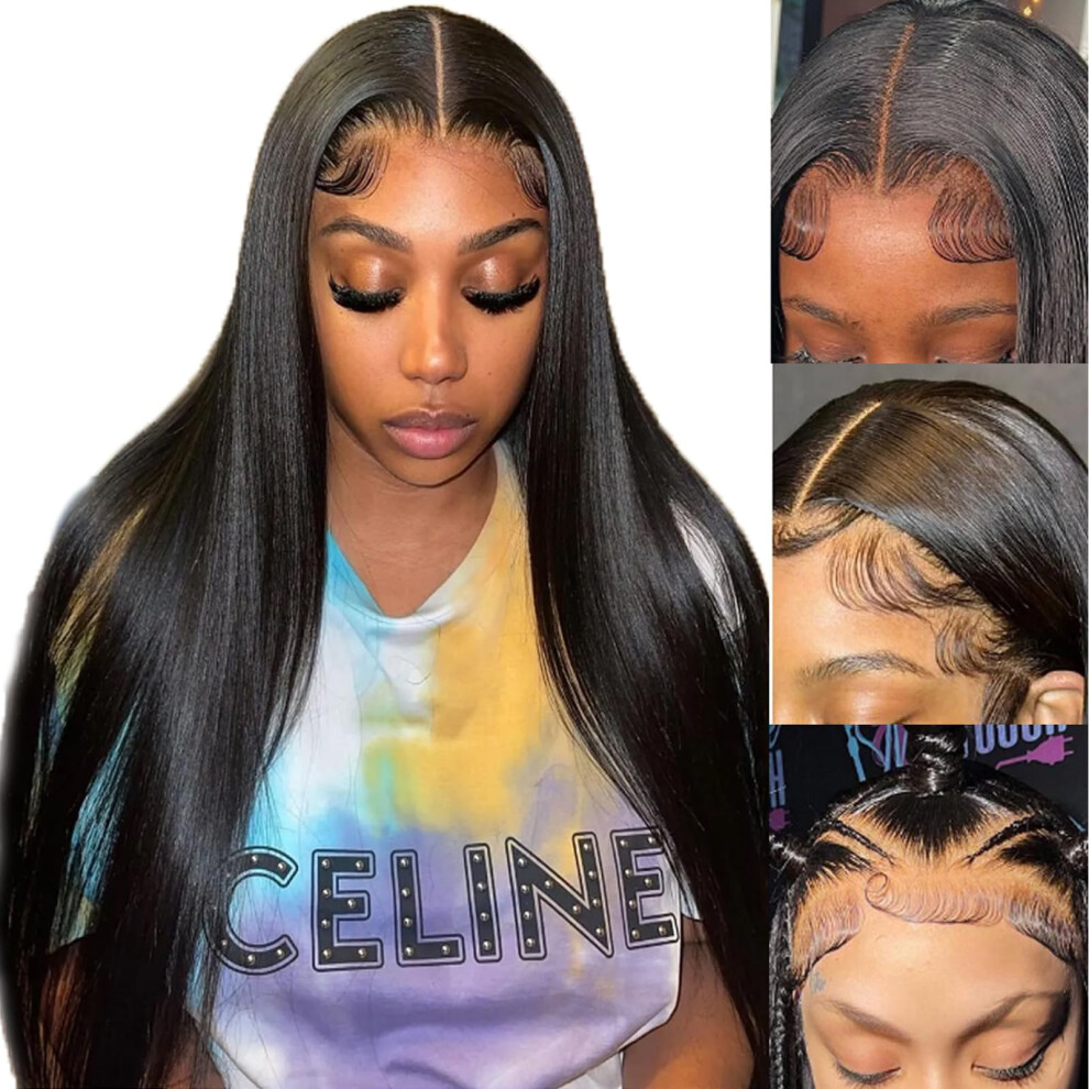 Unisex 13X6 Hd Lace Front Wig 32 Inch Straight Brazilian Virgin Human Hair Pre Plucked 180 Density Glueless Natural Hairline For Women