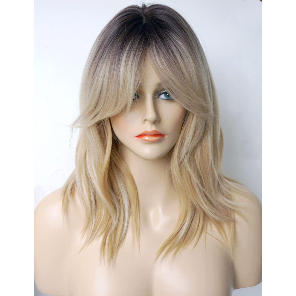 Blonde Ombre Shoulder Length Wig with Bangs, HeatStylable Synthetic Wolf Cut for Women