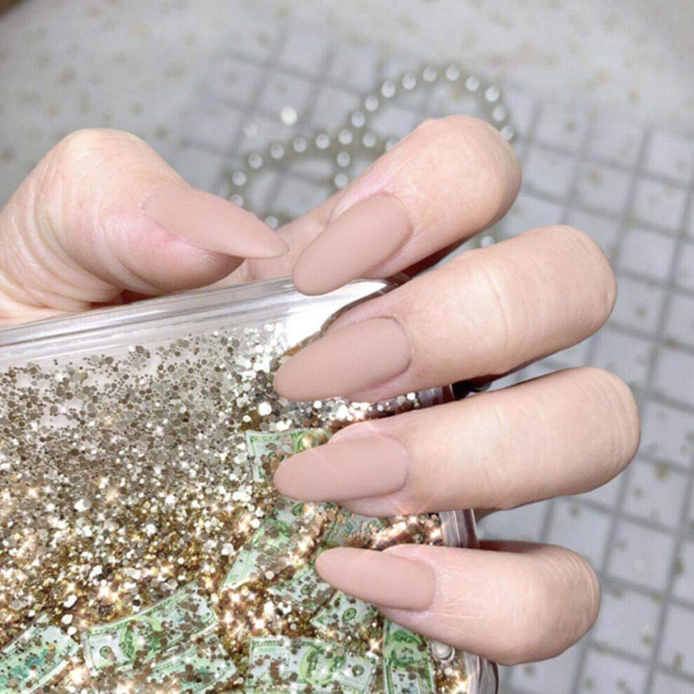 Cream Matte Nude Oval Press On Nails Set, 24Pcs Reusable Acrylic Fake Nails With Adhesive Tabs