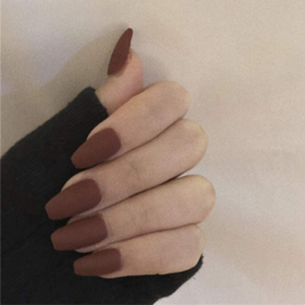 Brown Long Coffin Press on Nails Matte Acrylic Reusable Nail Tips Gloss Salon Finish 24PCS