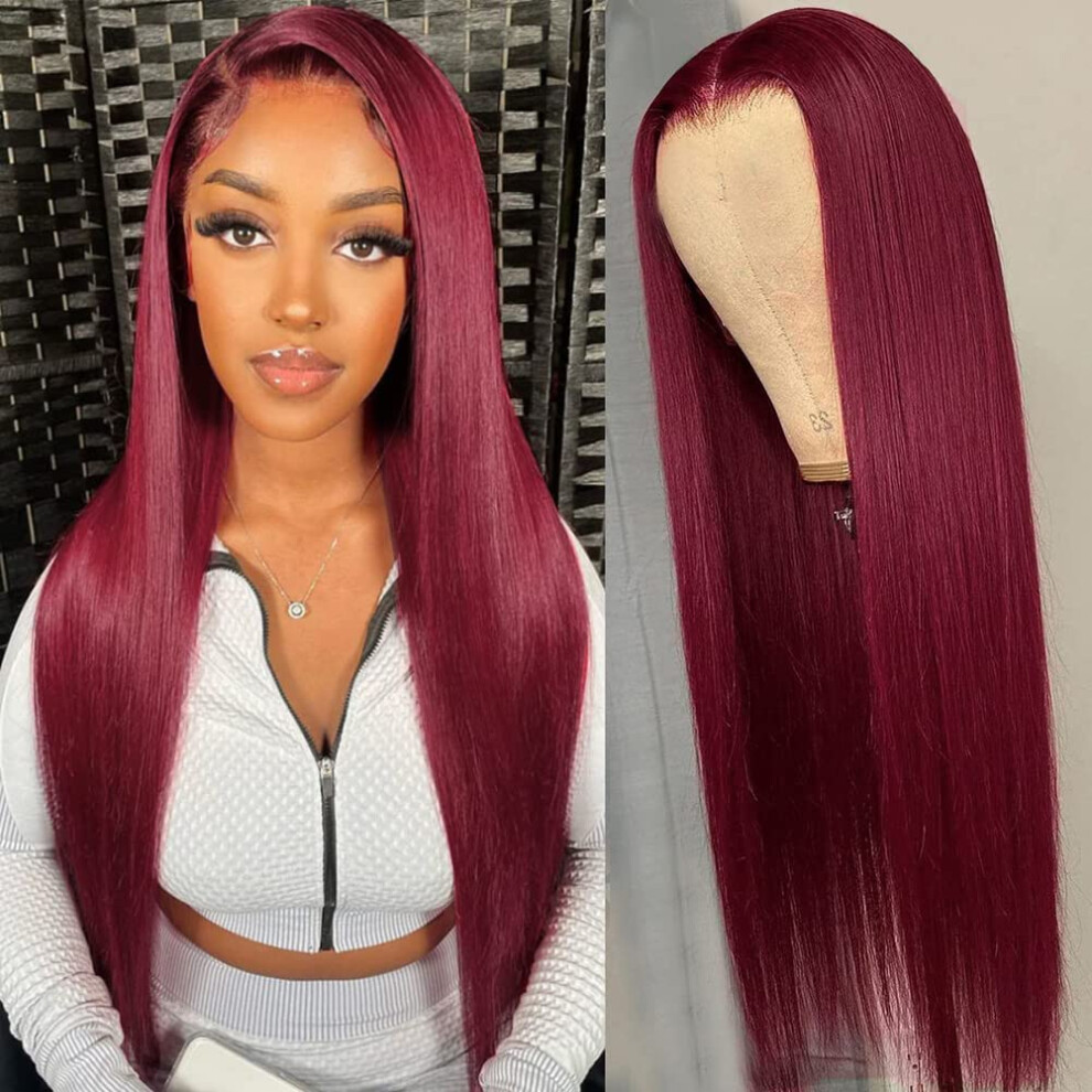 Unisex Red 24 Inch 99J Burgundy Human Hair Lace Front Wig 13X4 Straight Pre Plucked Transparent Lace