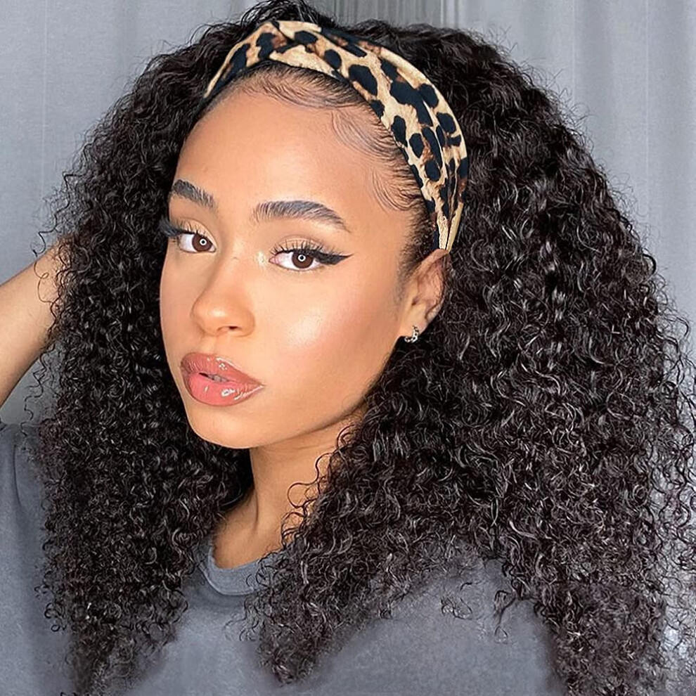 Unisex Black Headband Wig Human Hair Curly Bob For Women Brazilian Glueless 18 Inch Natural Look