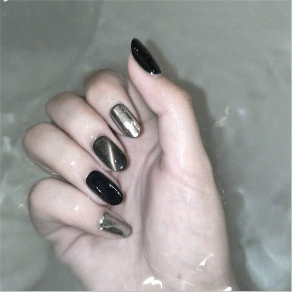 Black Cat Eye Press On Nails With Mirror Finish, Oval Full Cover Fake Nails Set 24Pcs