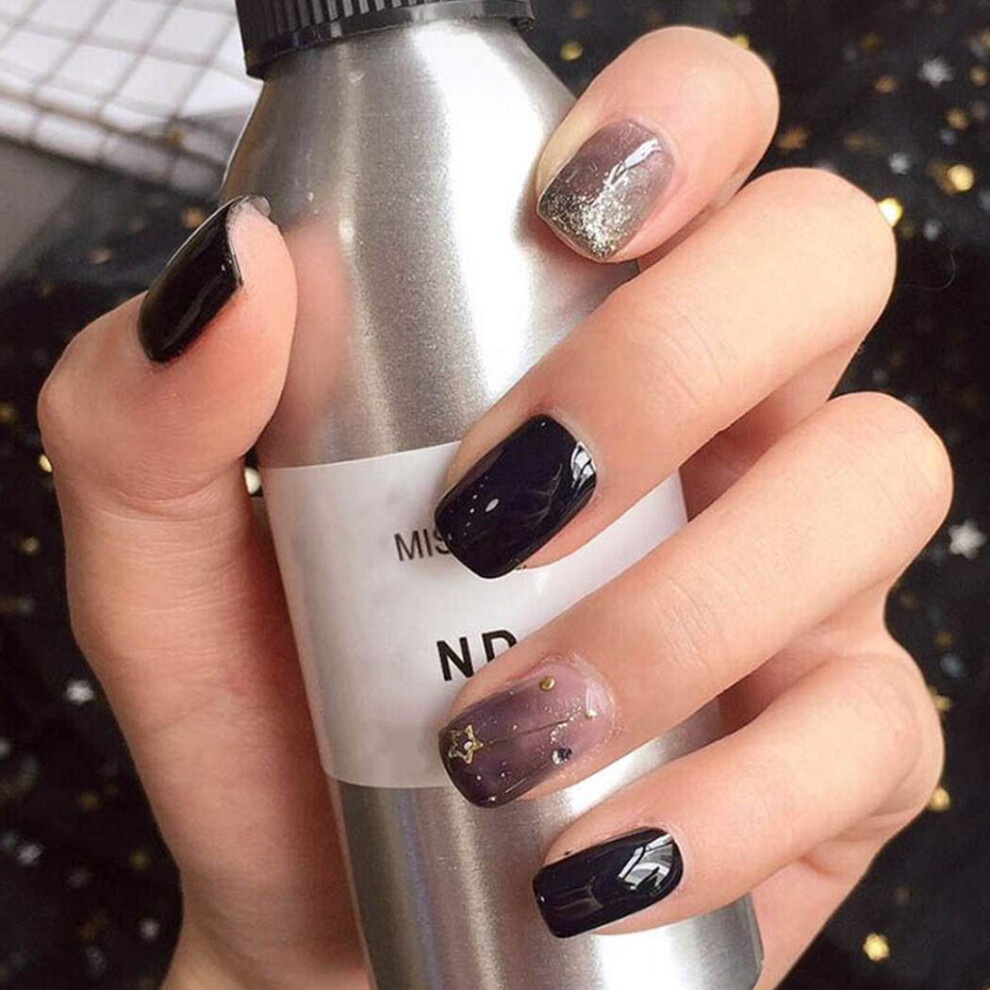 Black Gradient Glitter Press On Nails Square Acrylic False Nails Set With Adhesive Tabs 24Pcs