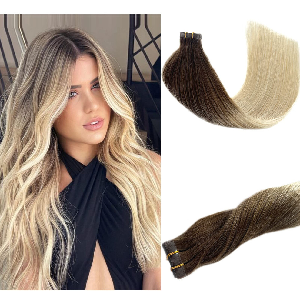 Unisex Brown,Silver Tape In Hair Extensions 20 Inch Ombre Ash Brown To Platinum Blonde Remy Human Hair For Women