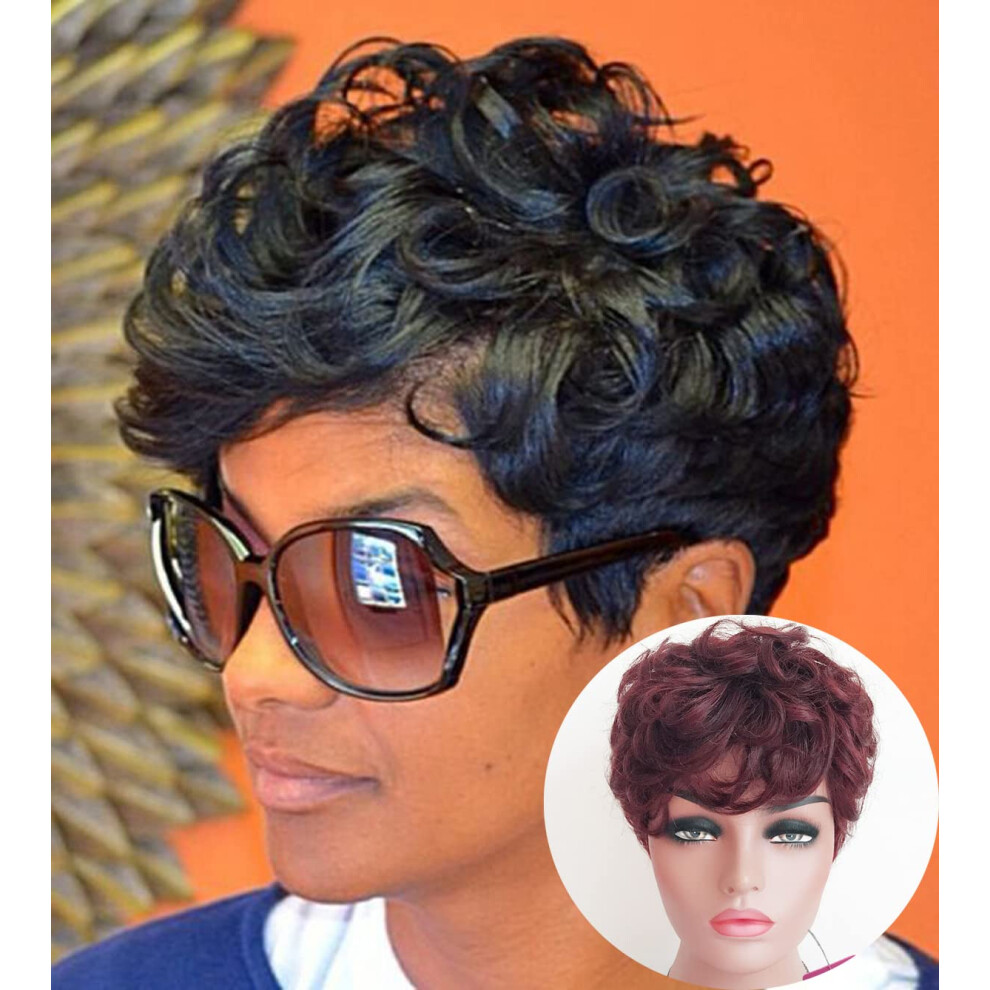 Unisex Black 99J Short Curly Human Hair Wig Pixie Cut Glueless For Women Natural And Comfortable Fit