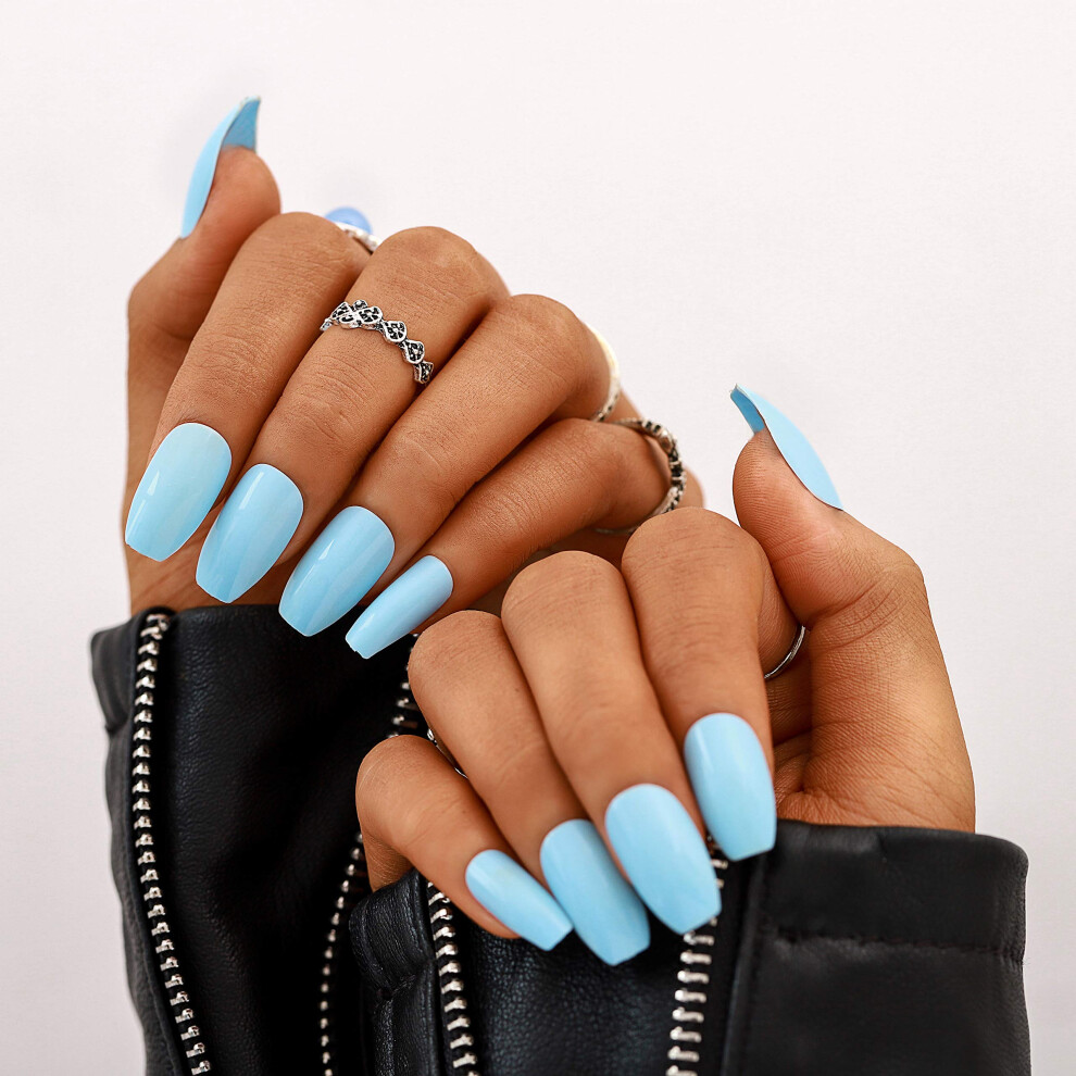 Blue Glossy Coffin Press On Nails Long Acrylic Fake Nails Reusable Instant Salon Look 24 Pack