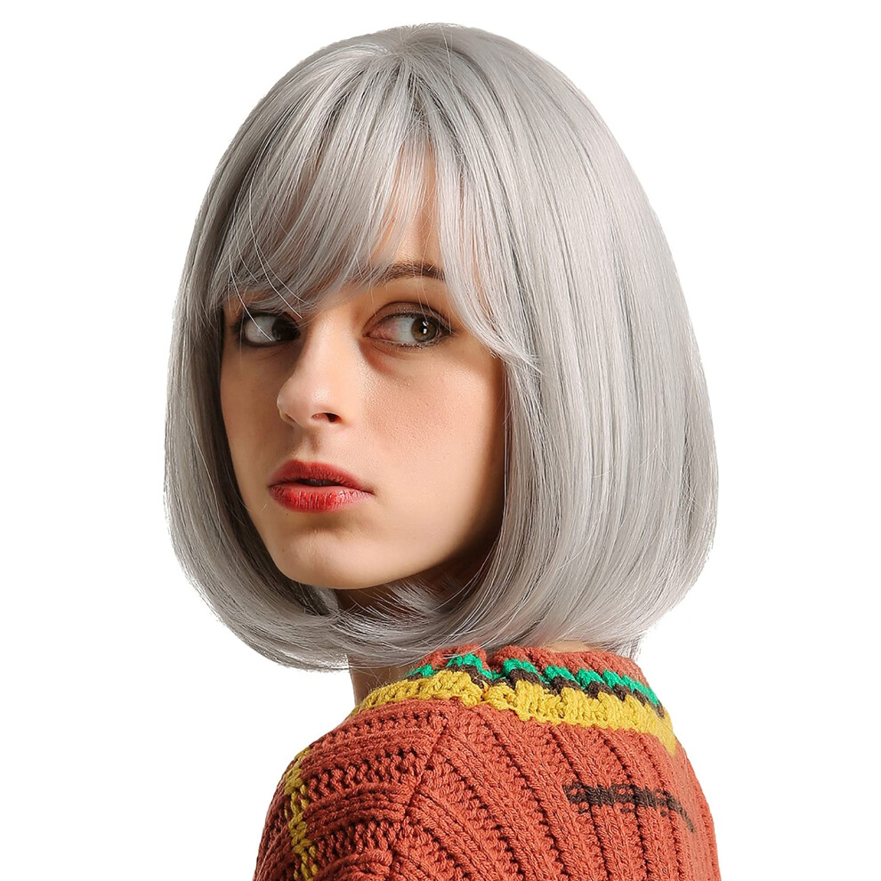 Synthetic Grey Bob Wig with Bangs for Women, Shoulder Length, Heat Resistant Fiber for Cosplay