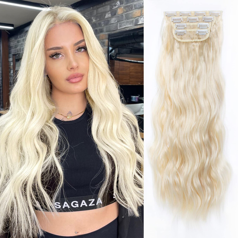 Unisex 16 Inch Blonde Wavy Clip In Hair Extensions Synthetic Double Weft Full Head For Women Curly