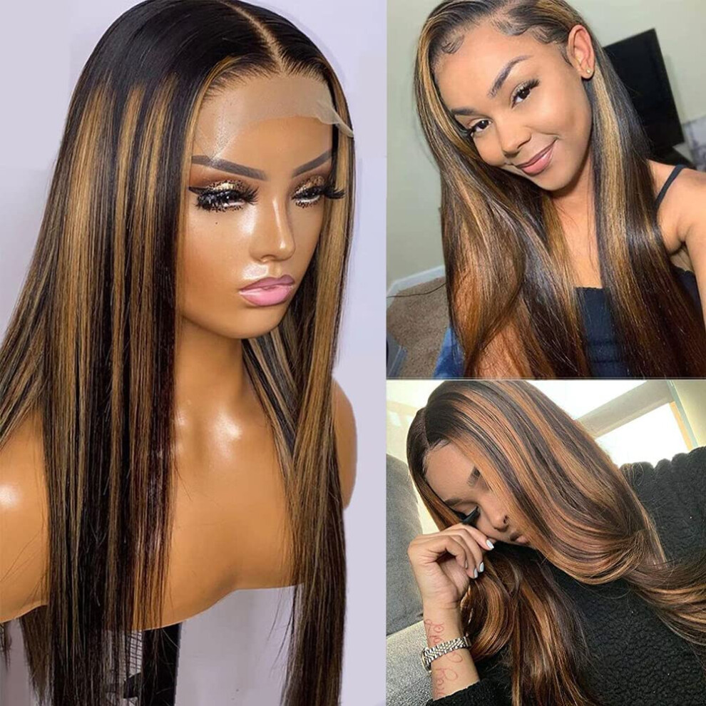 Unisex 18 Inch Honey Blonde Balayage Human Hair Lace Front Wig, Straight Ombre 4X4 Closure, Natural Hairline