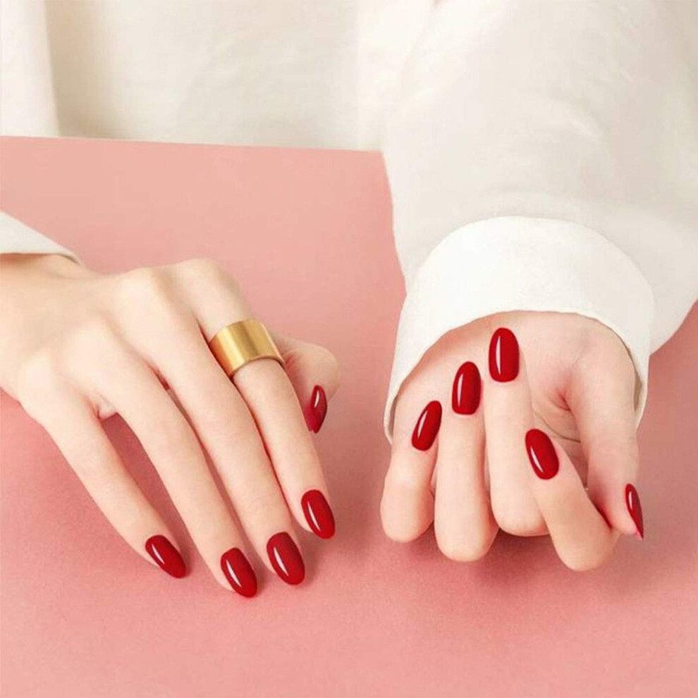 Red Short Oval Press On Nails Set, Glossy Acrylic Fake Nails With Adhesive Tabs, 24Pcs Reusable