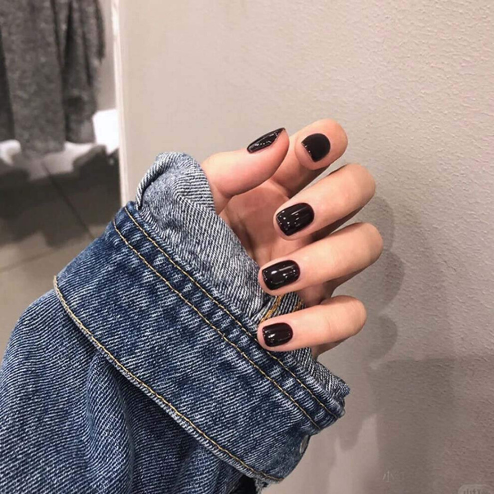 Black Oval Press On Nails Glossy Full Cover Fake Nails For Women 24Pcs Longlasting Wear