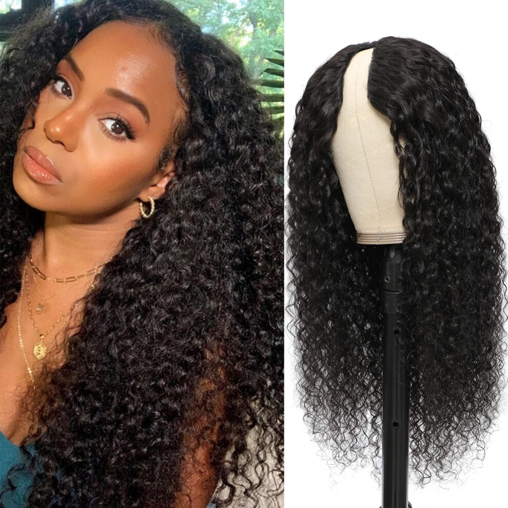 Unisex Black V Part Curly Virgin Brazilian Human Hair Wig For Women 150 Density Glueless 24 Inch 1B