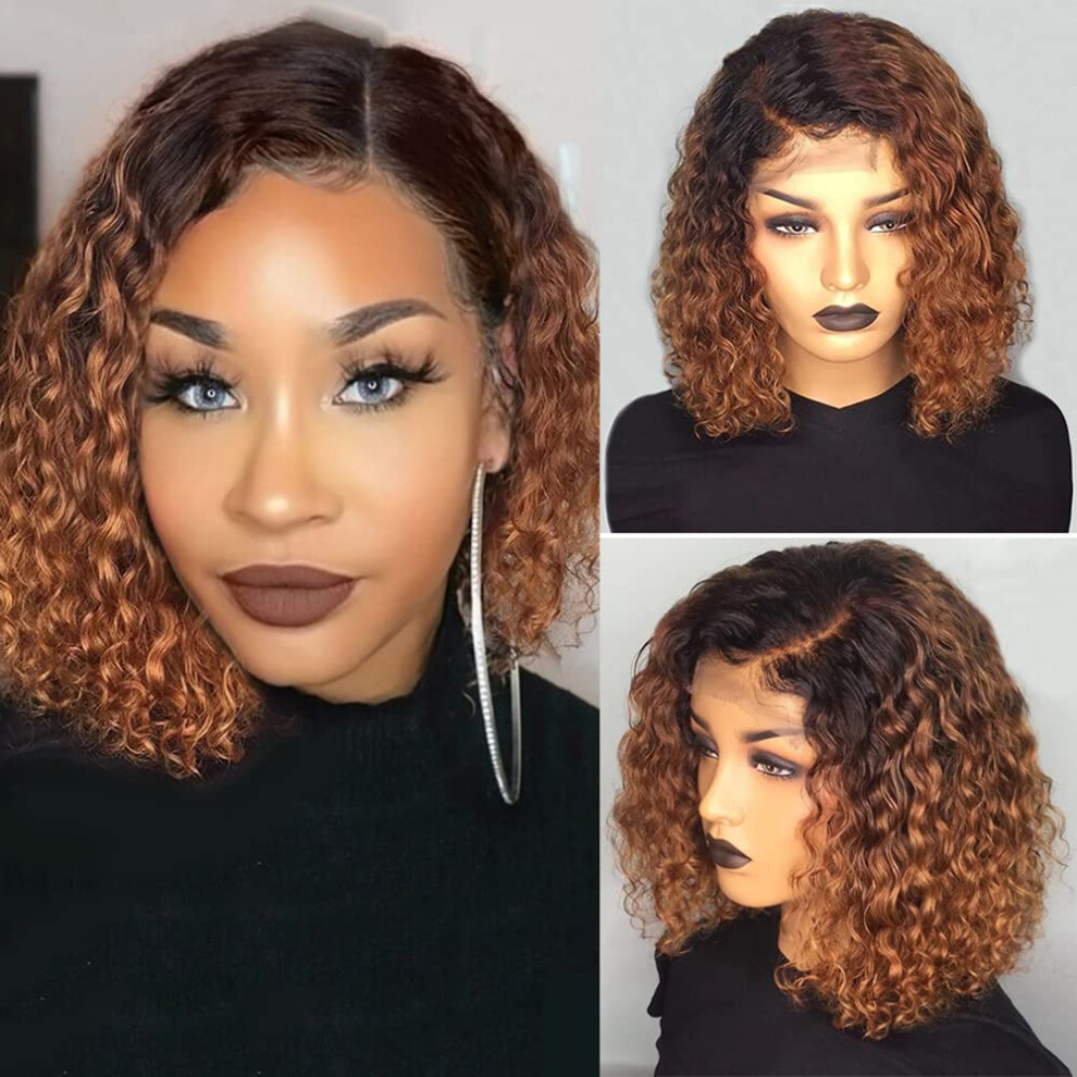 Unisex Brown Curly Lace Front Wig Ombre Bob 13X4 Brazilian Virgin Human Hair Pre Plucked 150% Density
