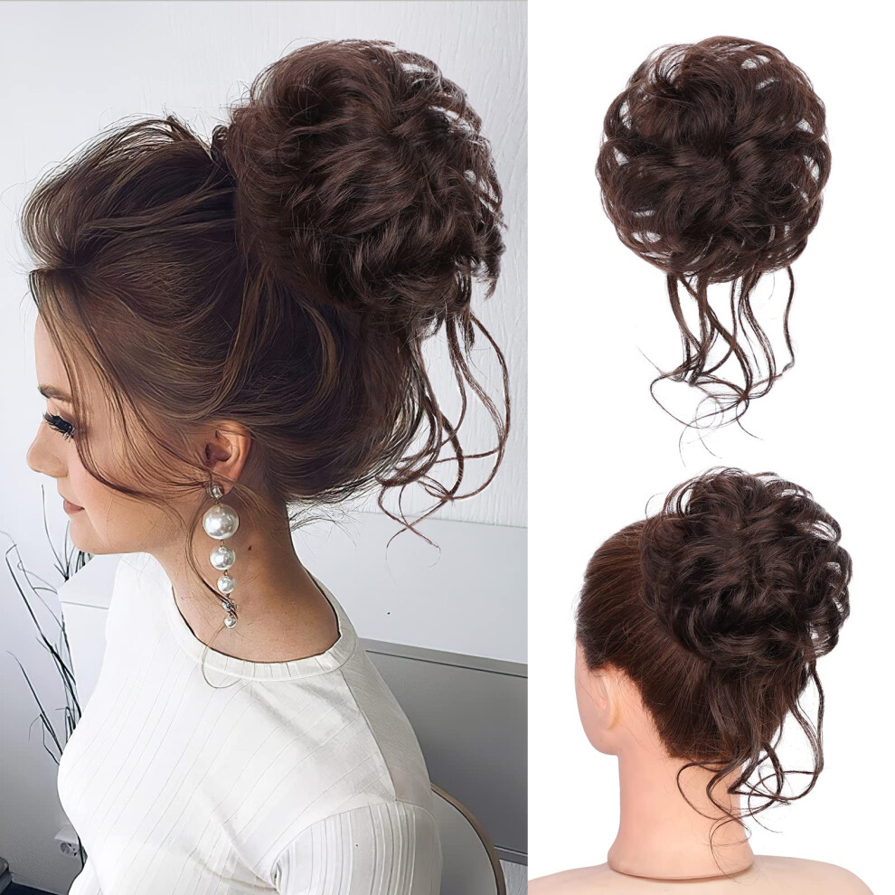 Unisex Brown 100% Human Hair Bun Extension Messy Tousled Scrunchie Natural Texture Ponytail Updo Dark