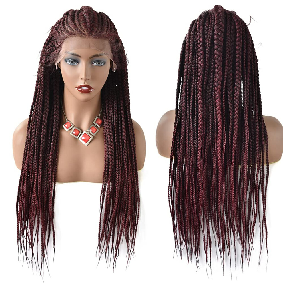 Ombre Burgundy 31 Inch Braided Lace Front Wig with Baby Hair Natural Hairline for Black Women