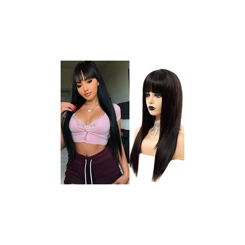 Human Hair Wig with Bangs for Black Women 150% Density Glueless Brazilian Straight Wig Natural Black