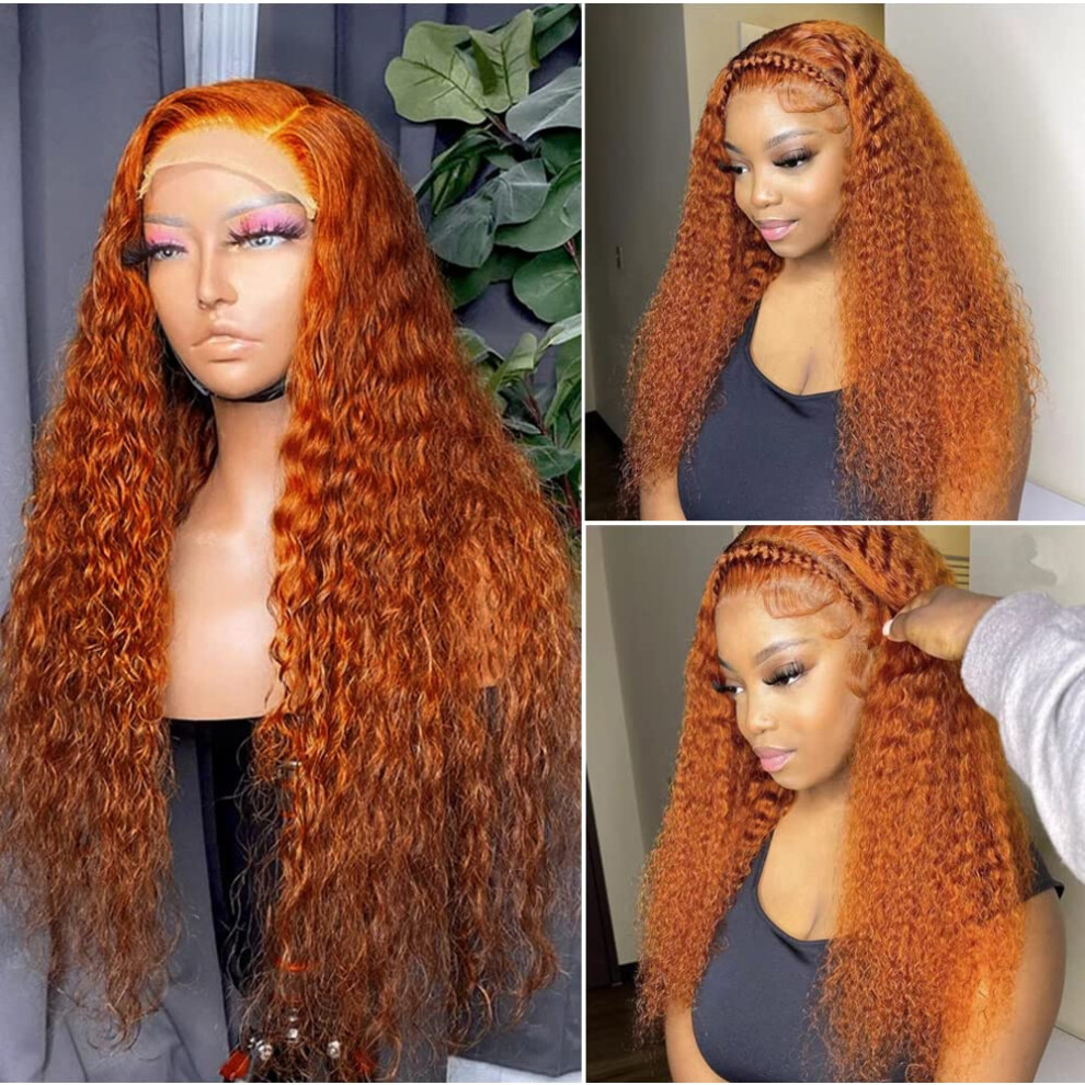 Unisex Black 26 Inch Ginger Lace Front Human Hair Wig Deep Wave Glueless Pre Plucked Natural Hairline For Women