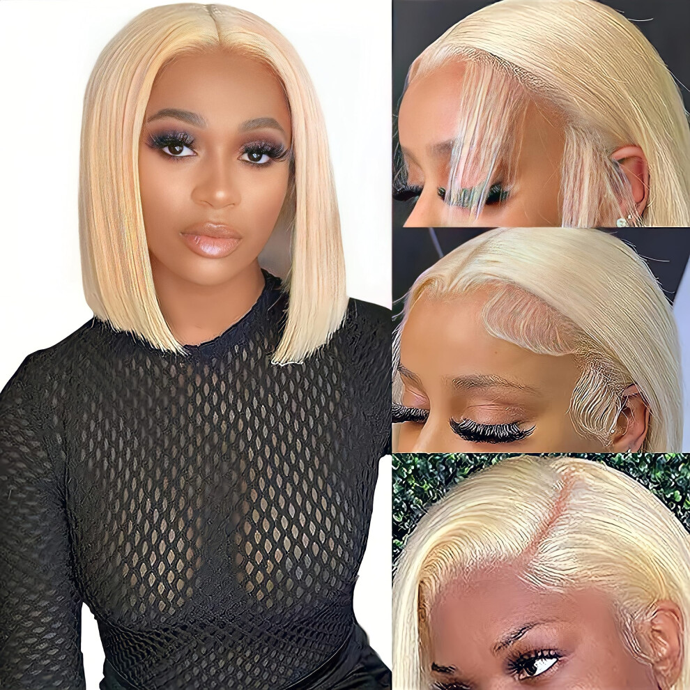 Unisex 613 Blonde Bob Wig Human Hair 13X4 Hd Lace Front, 10 Inch Glueless With Baby Hair 200 Density