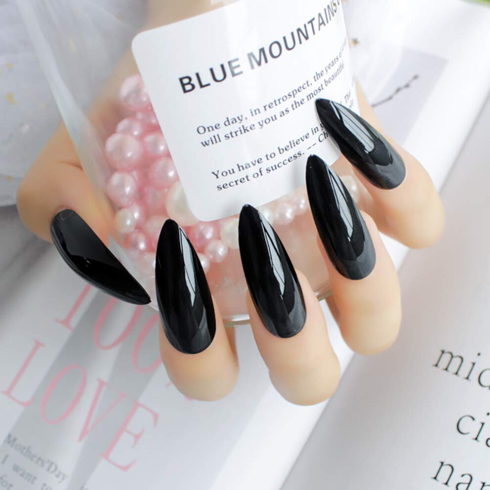 Black 24Pcs Extra Long Press On Nails Stiletto And Ballerina Fake Nails With Adhesive Tabs For Women