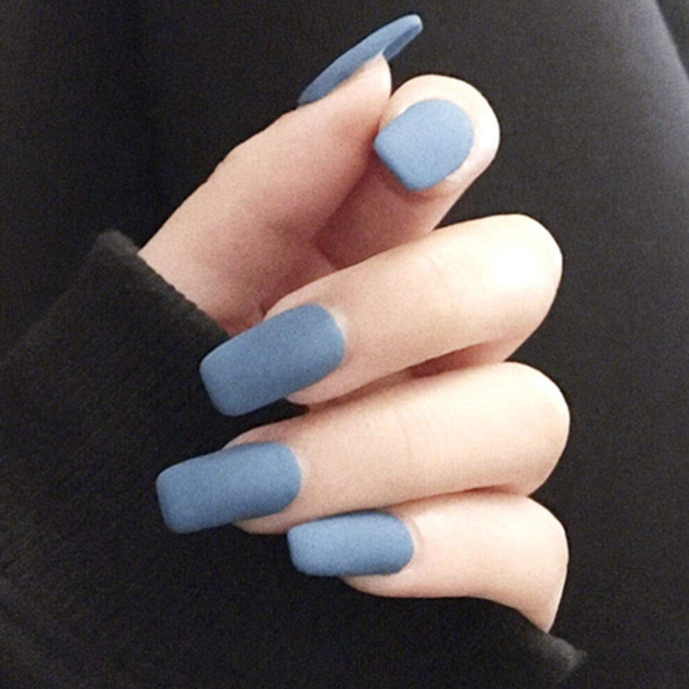 Matte Blue Square Press On Nails Set, Long Acrylic False Nail Tips With Multiple Size Options