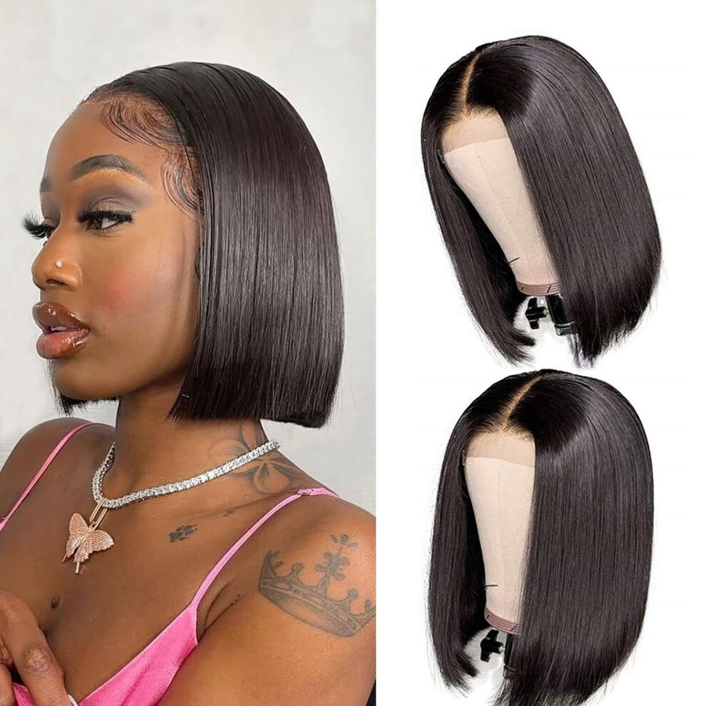 Unisex Bob Wig Human Hair 4X4 Lace Closure, 8 Inch Straight Brazilian Virgin, Preplucked Hd Lace