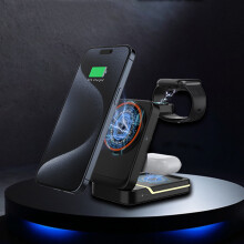 Carregador sem fio multifuncional e dobrável para smartphones, relógios e fones de ouvido Android e iOS. Carregador rápido sem fio magnético 3 em