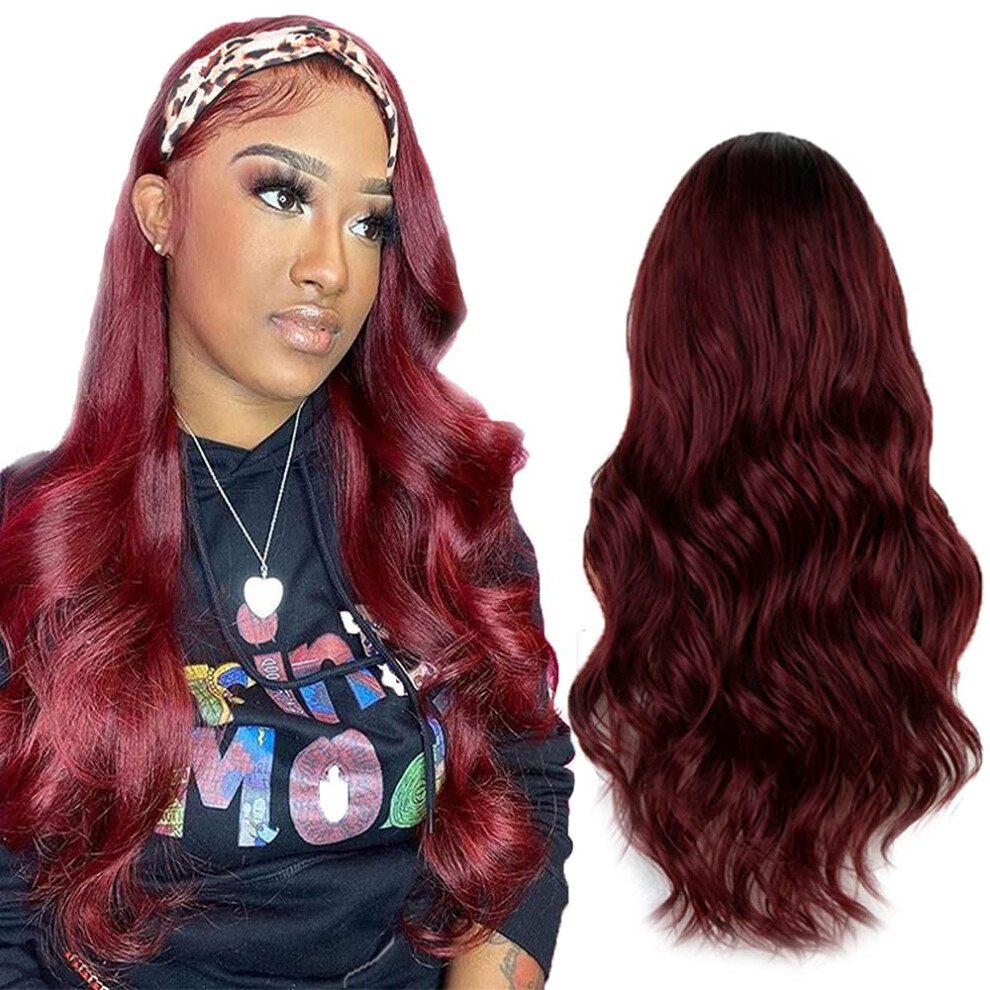 Unisex Black,Red 20 Inch Straight Ombre Burgundy Human Hair Headband Wig 130 Density Brazilian Remy For Black Women