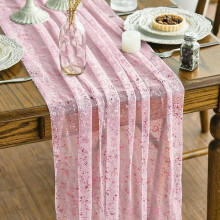 6 stuks roze tafelloper van gaas met zeefdruk, 305 cm, met glitter en metallic folie, transparante chiffon tafeldecoratie, geschikt voor