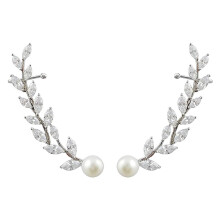 Guangmc Leaf Climber Rhinestone Perle Øredobber til Bryllup (Sølv)