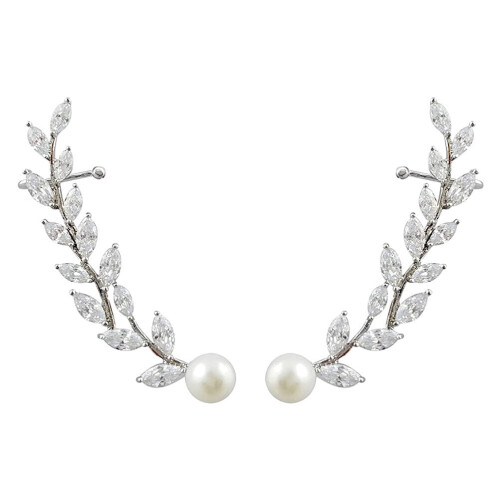Guangmc Leaf Climber Rhinestone Perle Øredobber til Bryllup (Sølv)