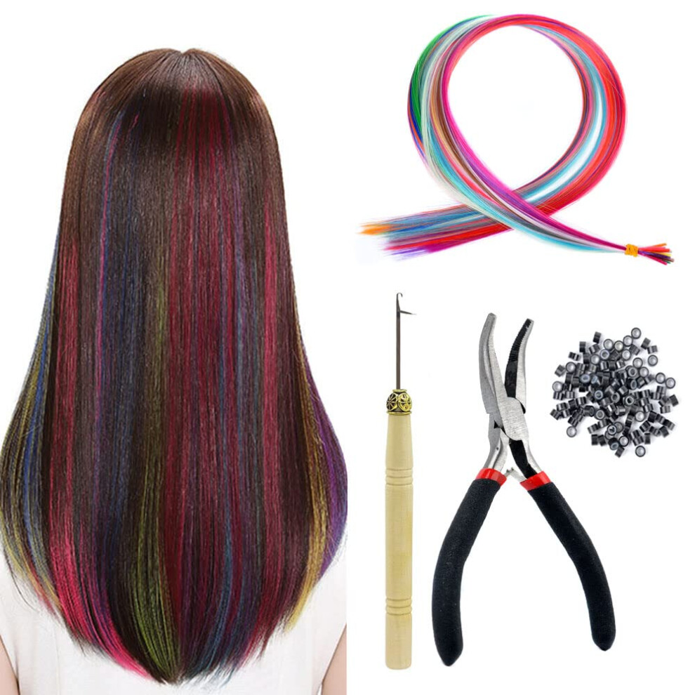 Rainbow Micro Ring Hair Extensions Kit with Tools, Synthetic MultiColor I Tip Strands, 10pcs