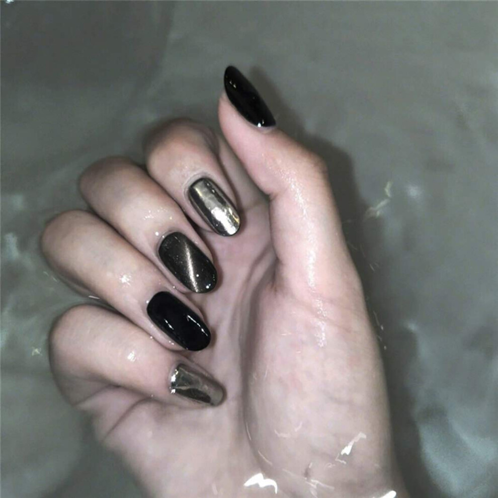 Black Long Press On Nails Glossy Oval Fake Nails Set Reusable Acrylic False Nails 24Pcs