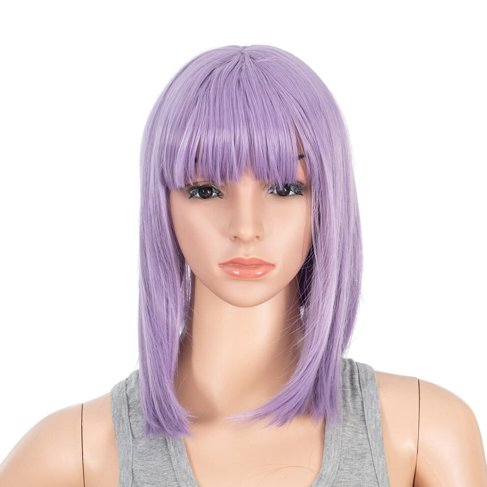 Unisex Purple Short Bob Wig With Bangs Lavender Synthetic Cosplay Hair Heat Friendly For Women